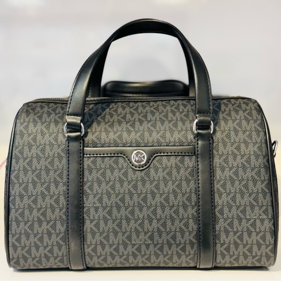Michael Kors Medium Travel Duffle Satchel Bag Black Signature - Picture 1 of 5